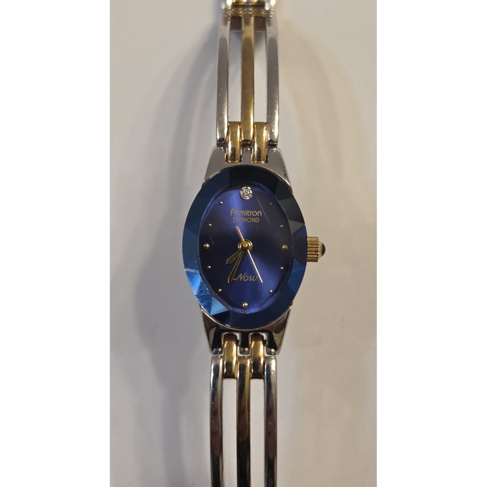 Blue Dial Armitron Diamond Now Watch for Women Silver & Gild Tone 7" New Battery - Picture 2 of 5